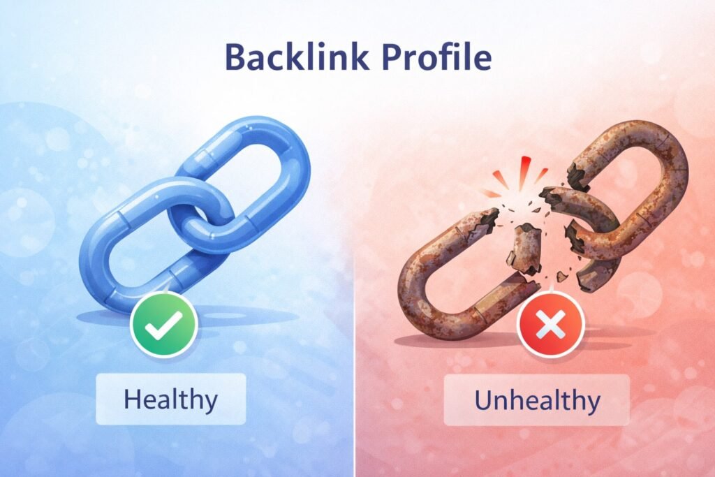 Illustration showing a healthy backlink profile compared to an unhealthy backlink profile with good and bad backlinks