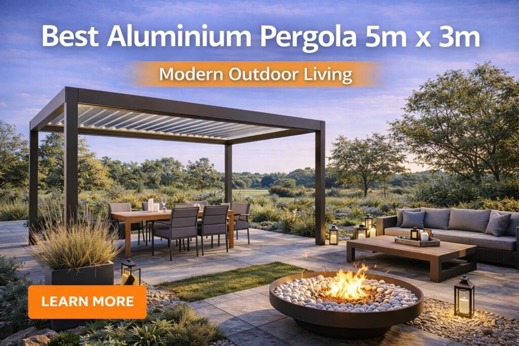 Best aluminium pergola 5m x 3m with modern design, adjustable roof and stylish outdoor living setup