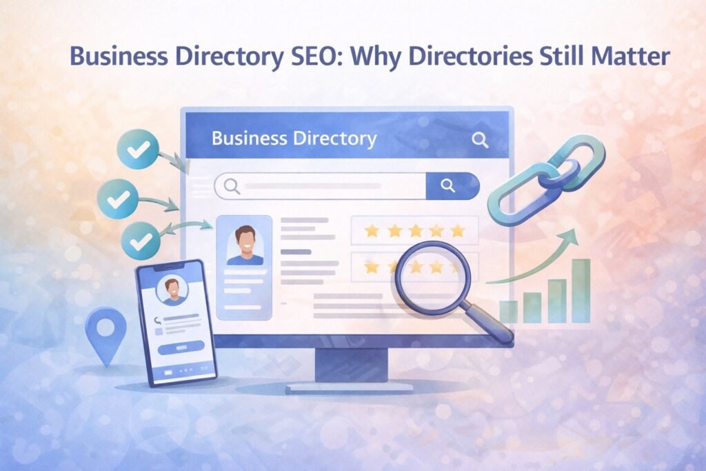 Business directory SEO illustration showing a curated business directory, backlinks, ratings, and organic growth signals