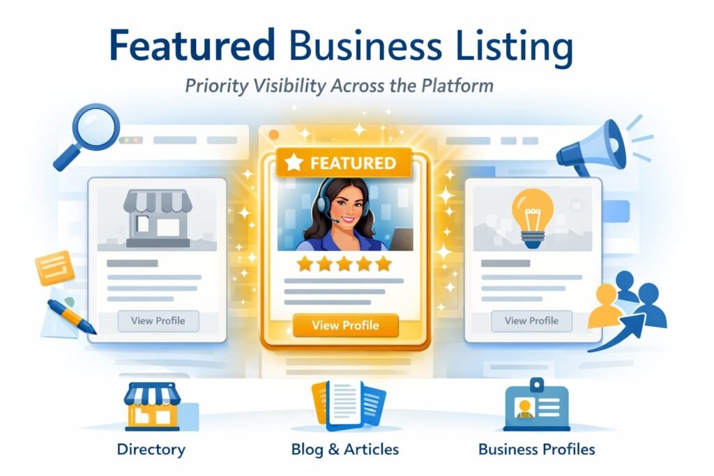 Featured business listing with priority visibility across directory, blog articles and business profiles