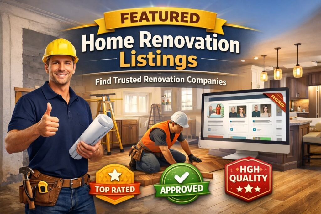 Featured home renovation company listings showing trusted renovation professionals and highlighted business profiles