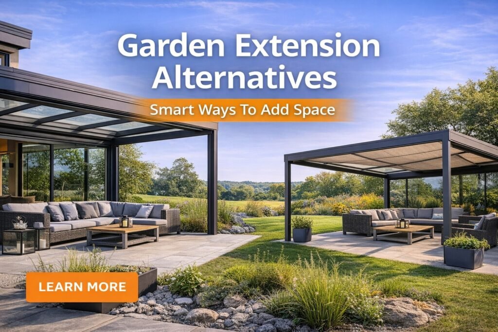 Garden extension alternatives featuring aluminium canopy verandas and pergolas as smart ways to add outdoor living space