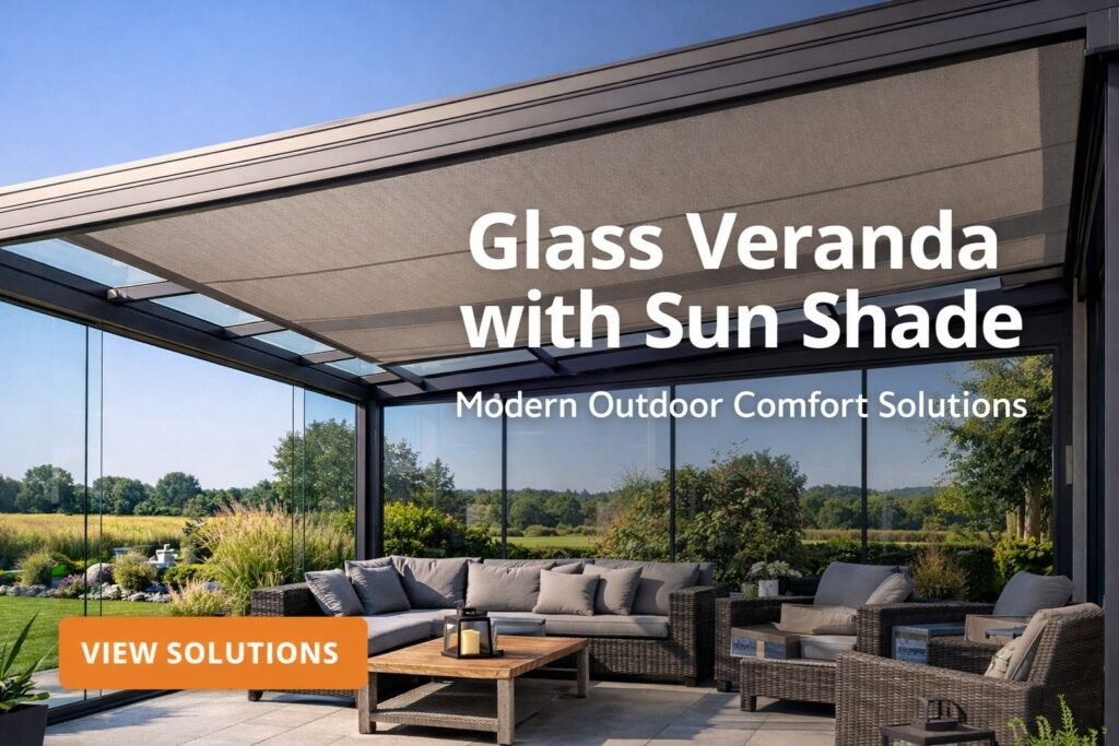Glass veranda with sun shade featuring a modern aluminium structure, glass roof and integrated shading system for comfortable outdoor living