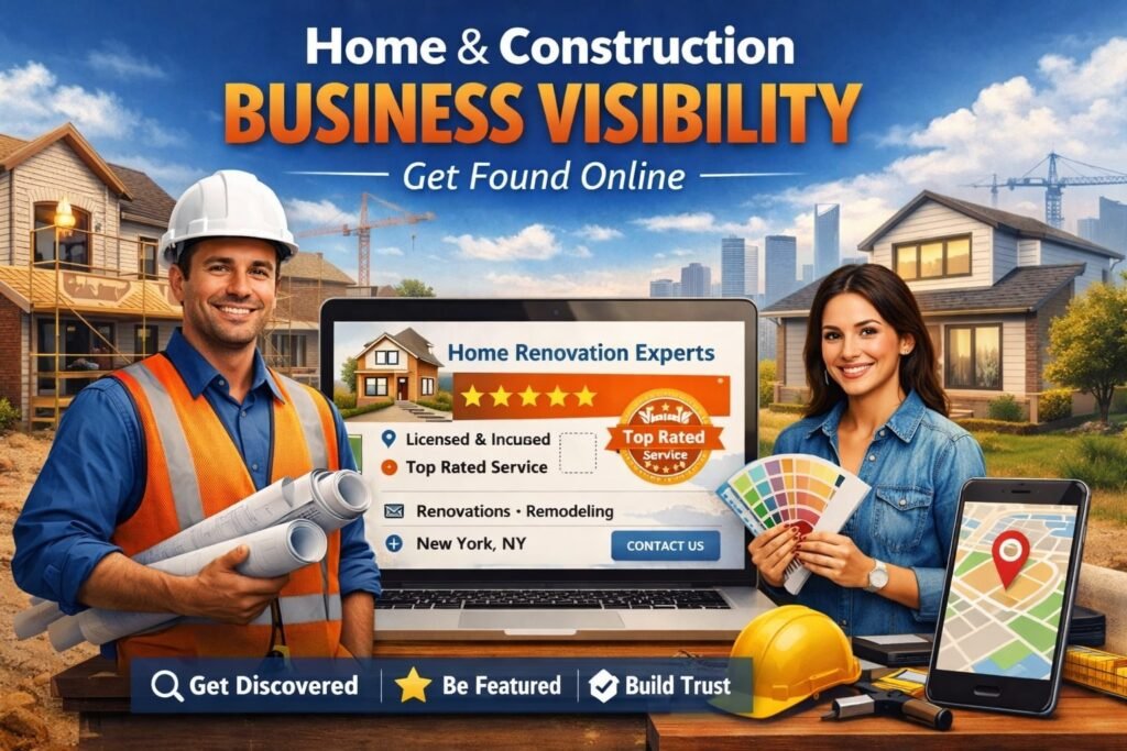 Home and construction business professionals showcasing online visibility through a digital business profile