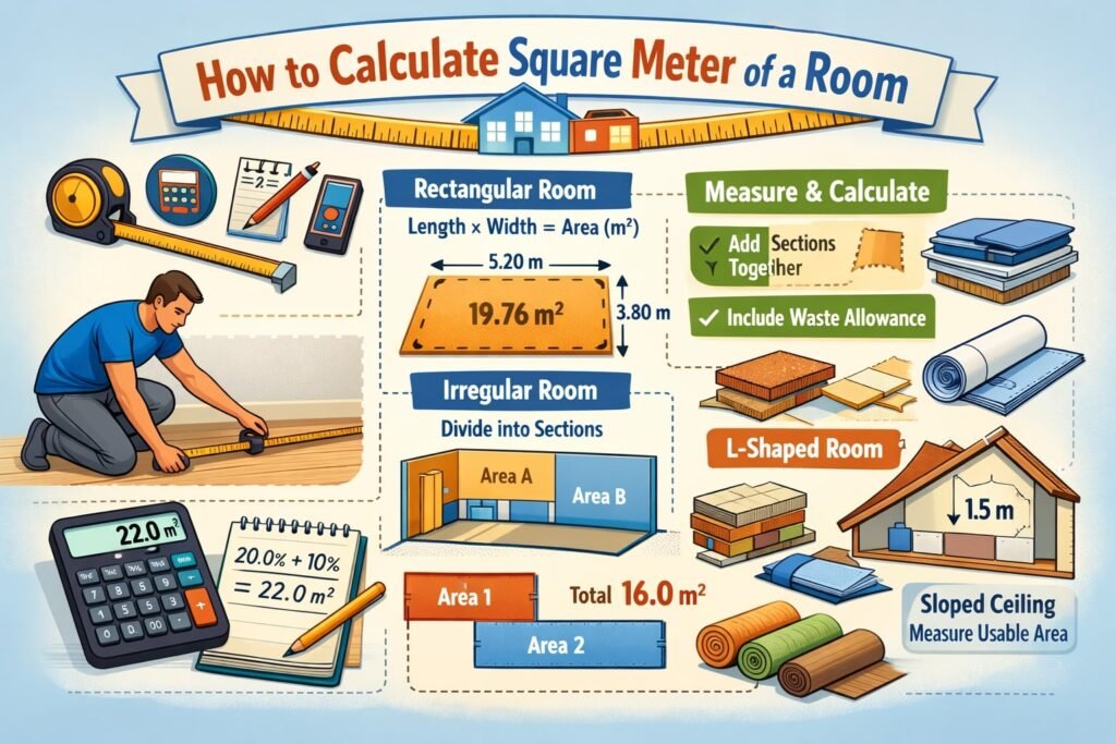 How to calculate square meter of a room using simple measurements, formulas, and examples for regular and irregular rooms