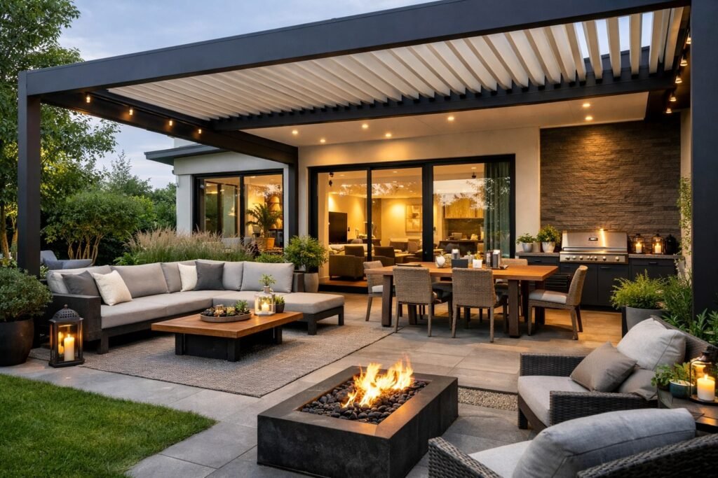 How to design outdoor living spaces with modern layout, comfortable seating, natural light, and contemporary materials