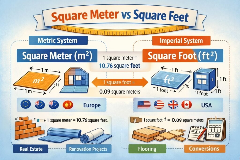 Square meter vs square feet comparison showing metric and imperial area measurements with clear conversion examples